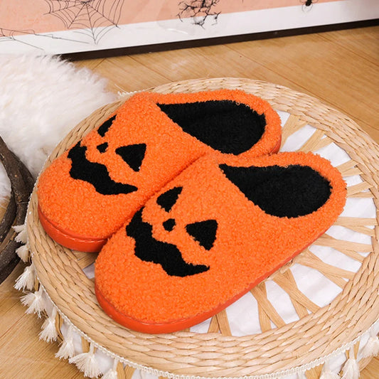 Cozy Halloween Pumpkin Slippers for Women – Soft Plush, Non-Slip Indoor Cotton Slides | Comfortable Warm Winter House Shoes